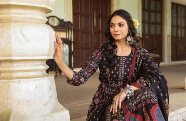 Black cotton flared kurti with bottom and dupatta