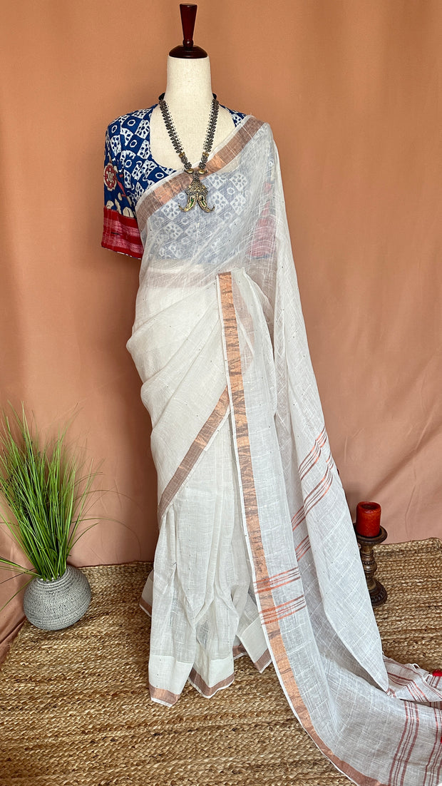 Handloom linen saree with sequins weave