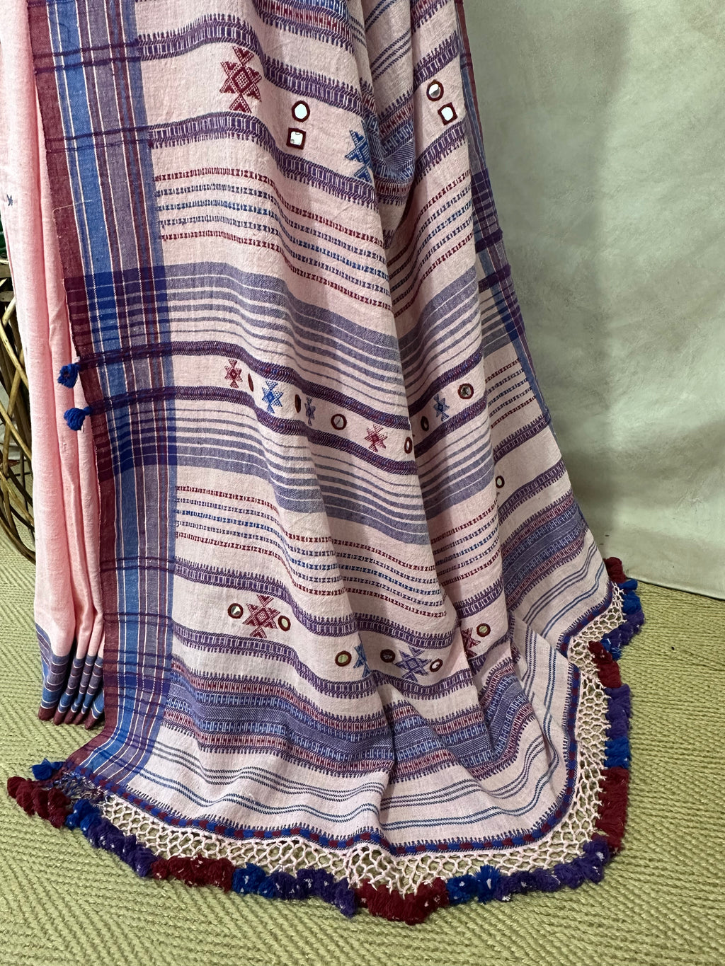 Organic Kala cotton handloom saree with mirror work , stitched blouse
