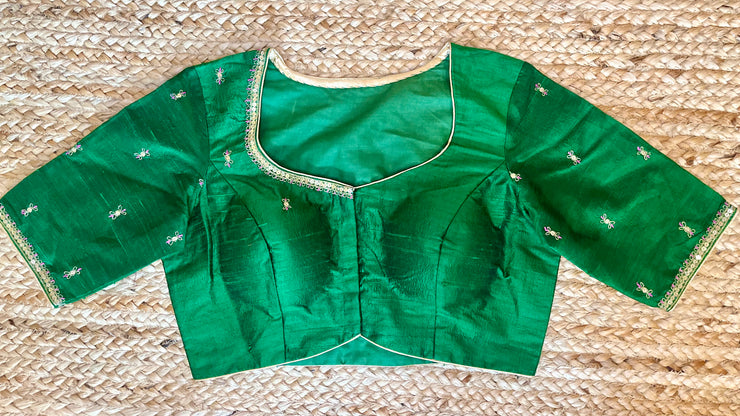 Green silk blouse with aari work