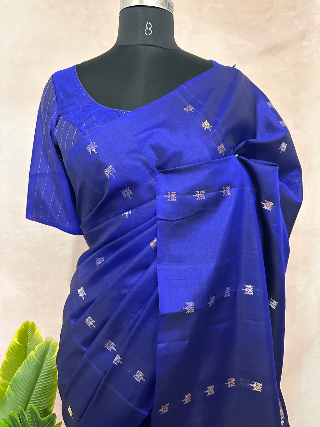 Blue pure Kanchivaram soft silk saree with stitched blouse