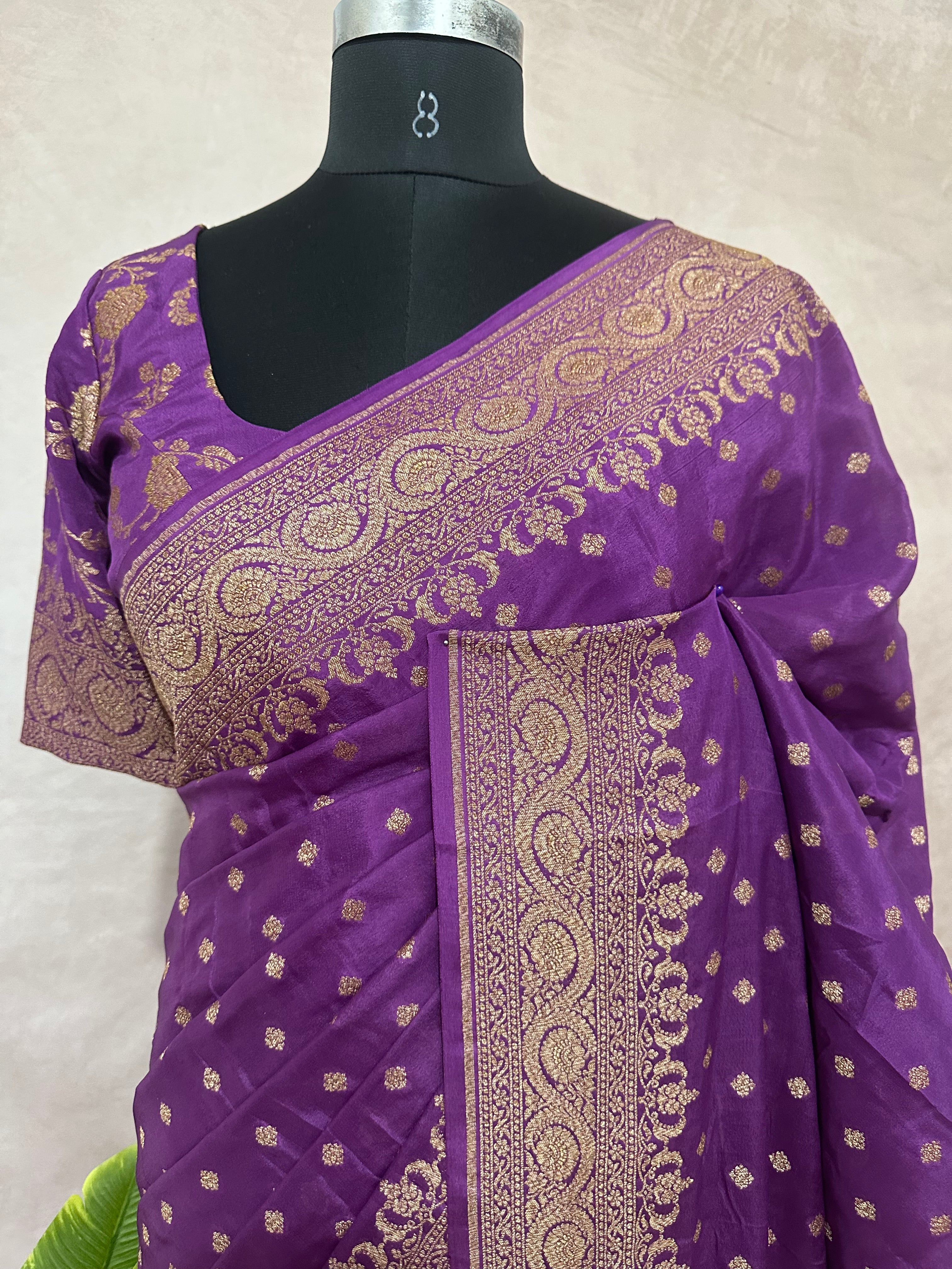Purple Pure Khaddi Crepe Banarasi Handloom Saree, with stitched blouse