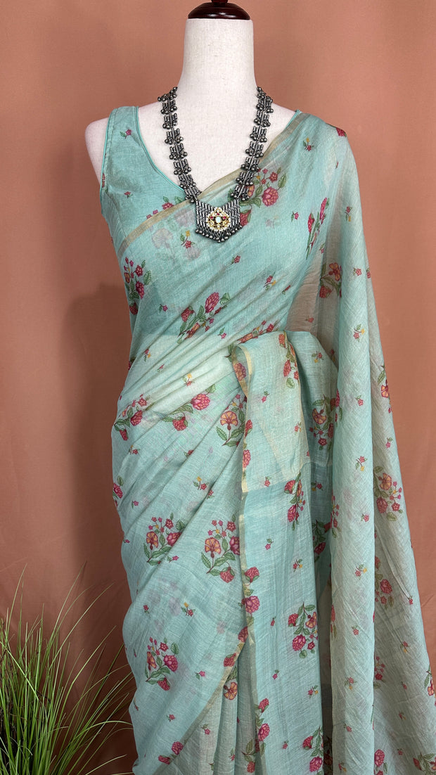 Tissue chanderi printed cotton saree with stitched blouse