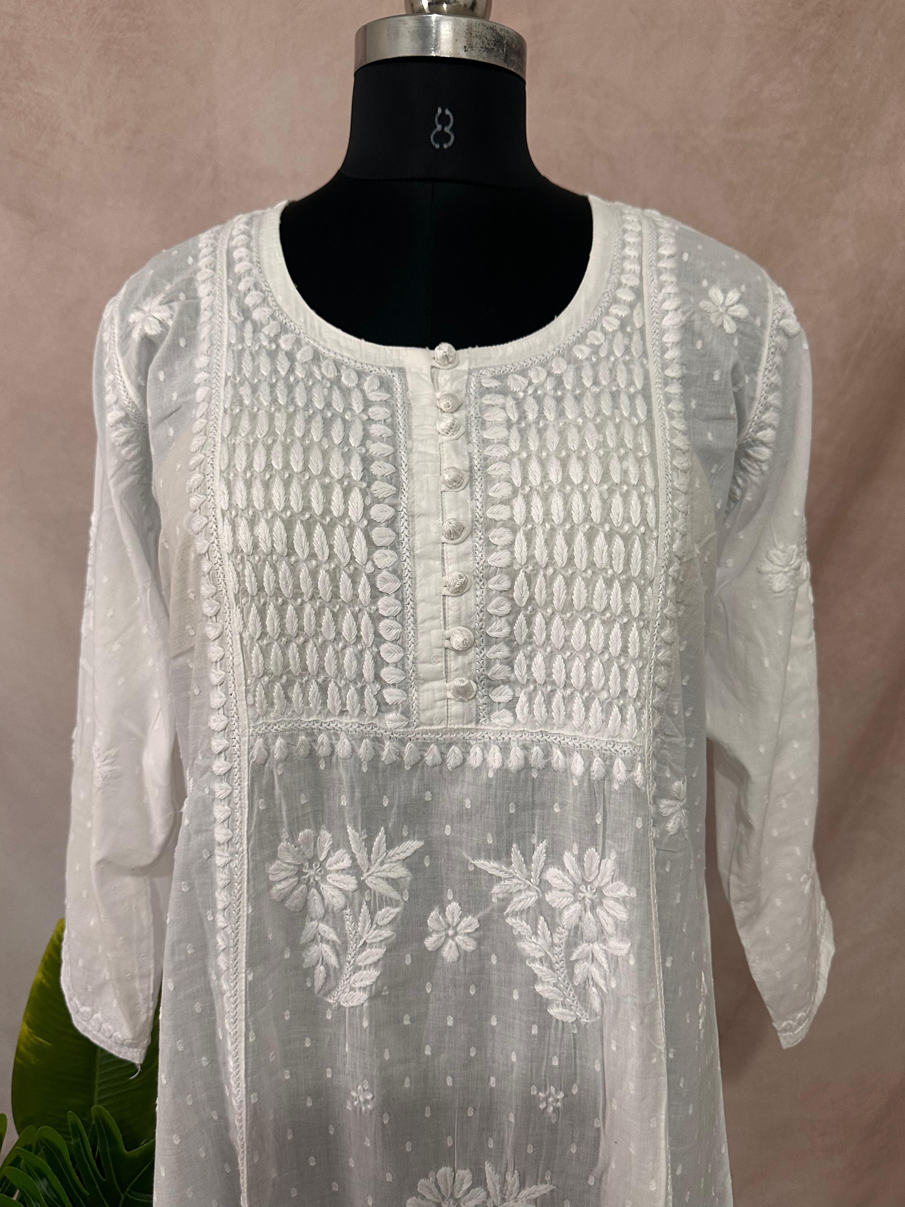 White pure cotton kurti with chikankari work