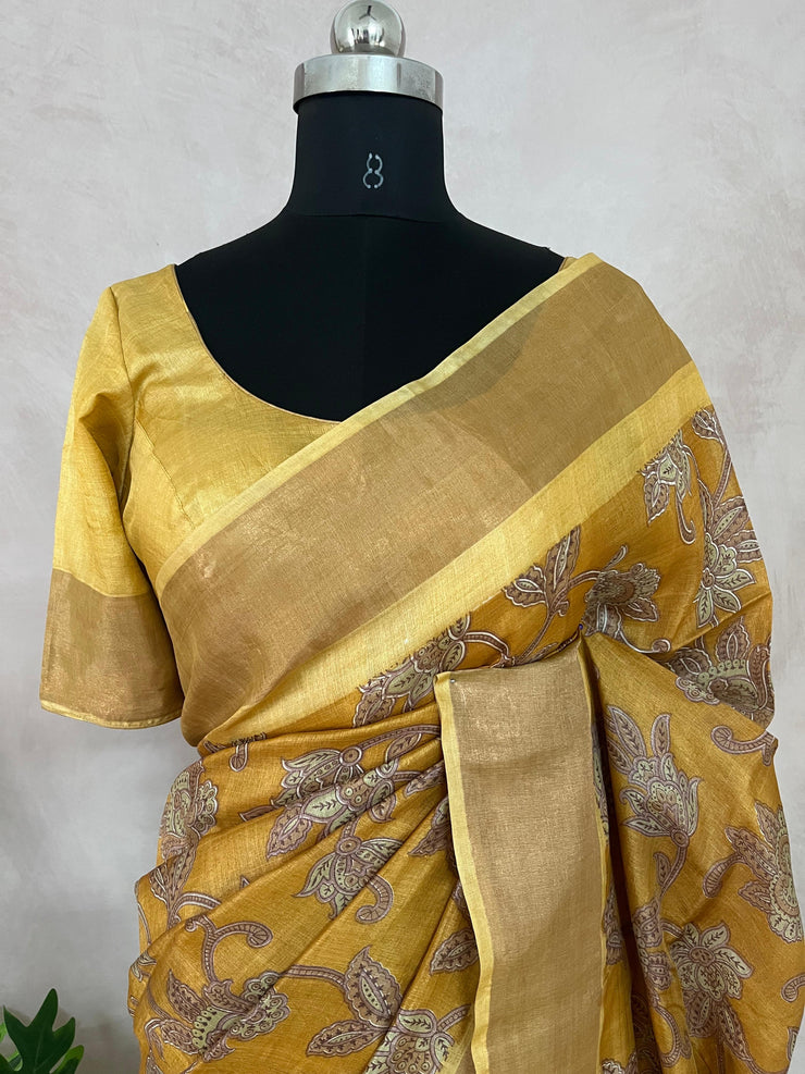 Pure printed tussar silk saree with stitched blouse