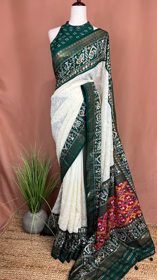 Georgette chikankari saree with printed pattola border, Stitched blouse