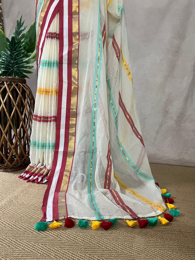 Mulcotton saree with red and gold border
