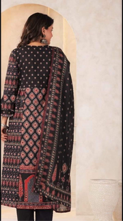 Black cotton flared kurti with bottom and dupatta