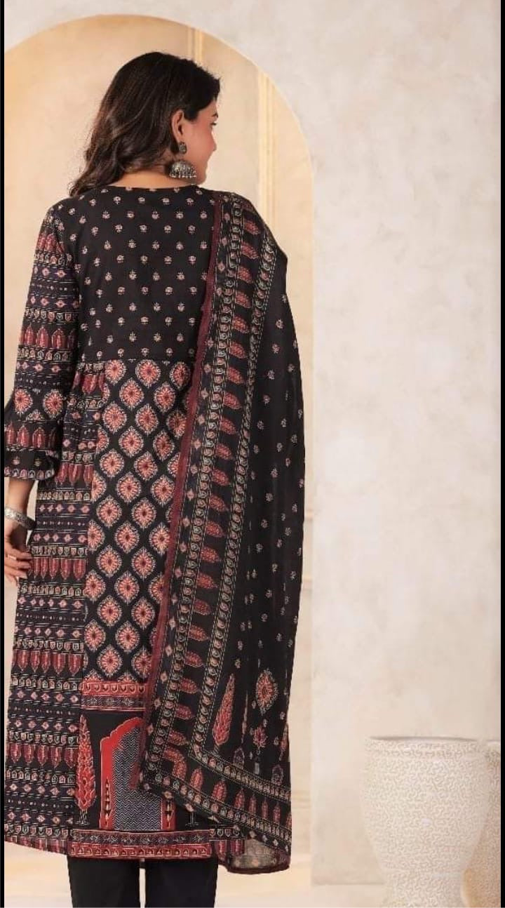 Black cotton flared kurti with bottom and dupatta