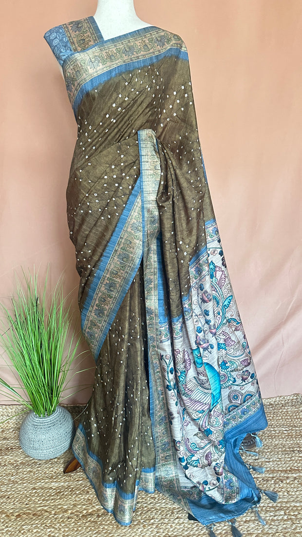 Semi tussar silk bandini and kalamkari print saree, with BP