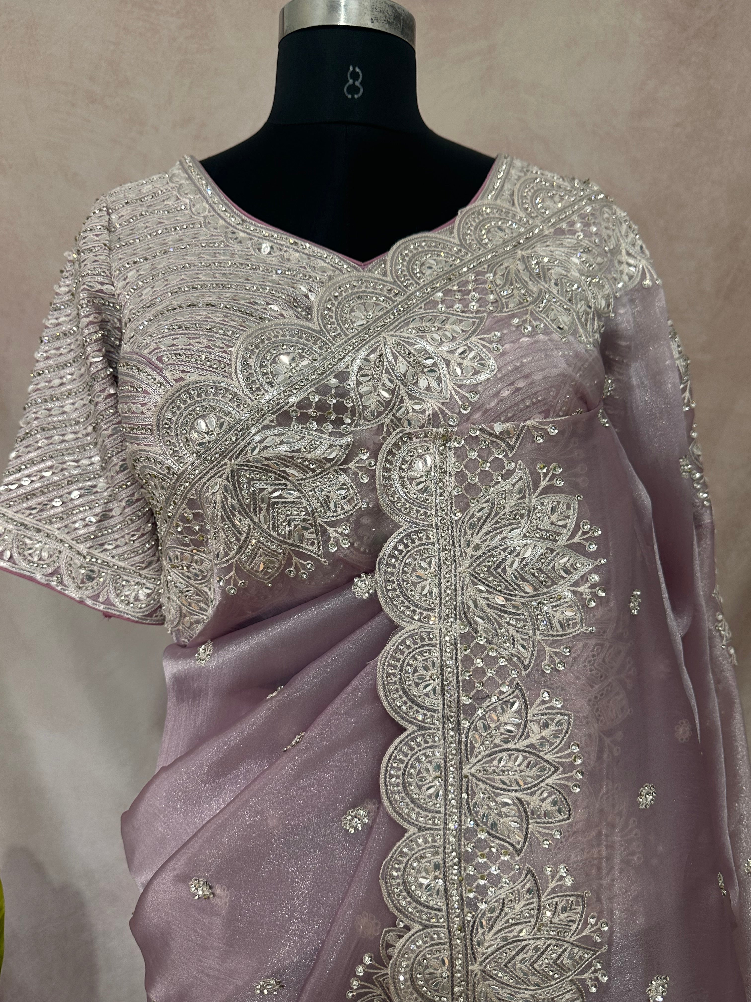 Lilac designer saree with stitched blouse and under skirt