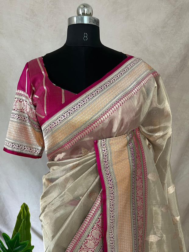 Cora tissue silk saree with multi color banarsi Border, with stitched blouse