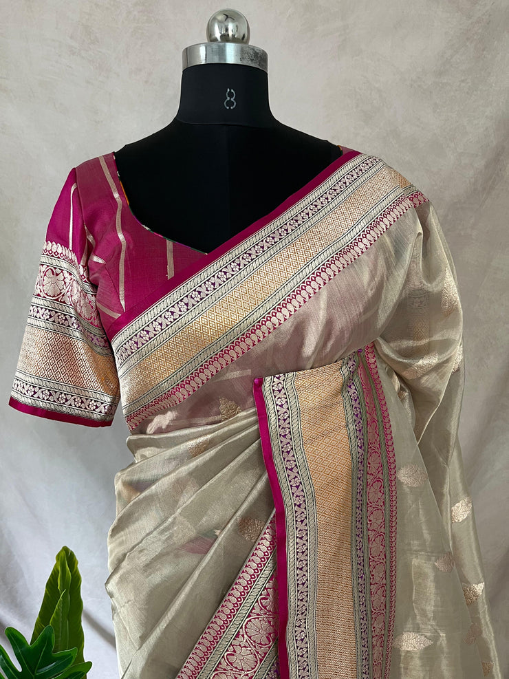 Cora tissue silk saree with multi color banarsi Border, with stitched blouse