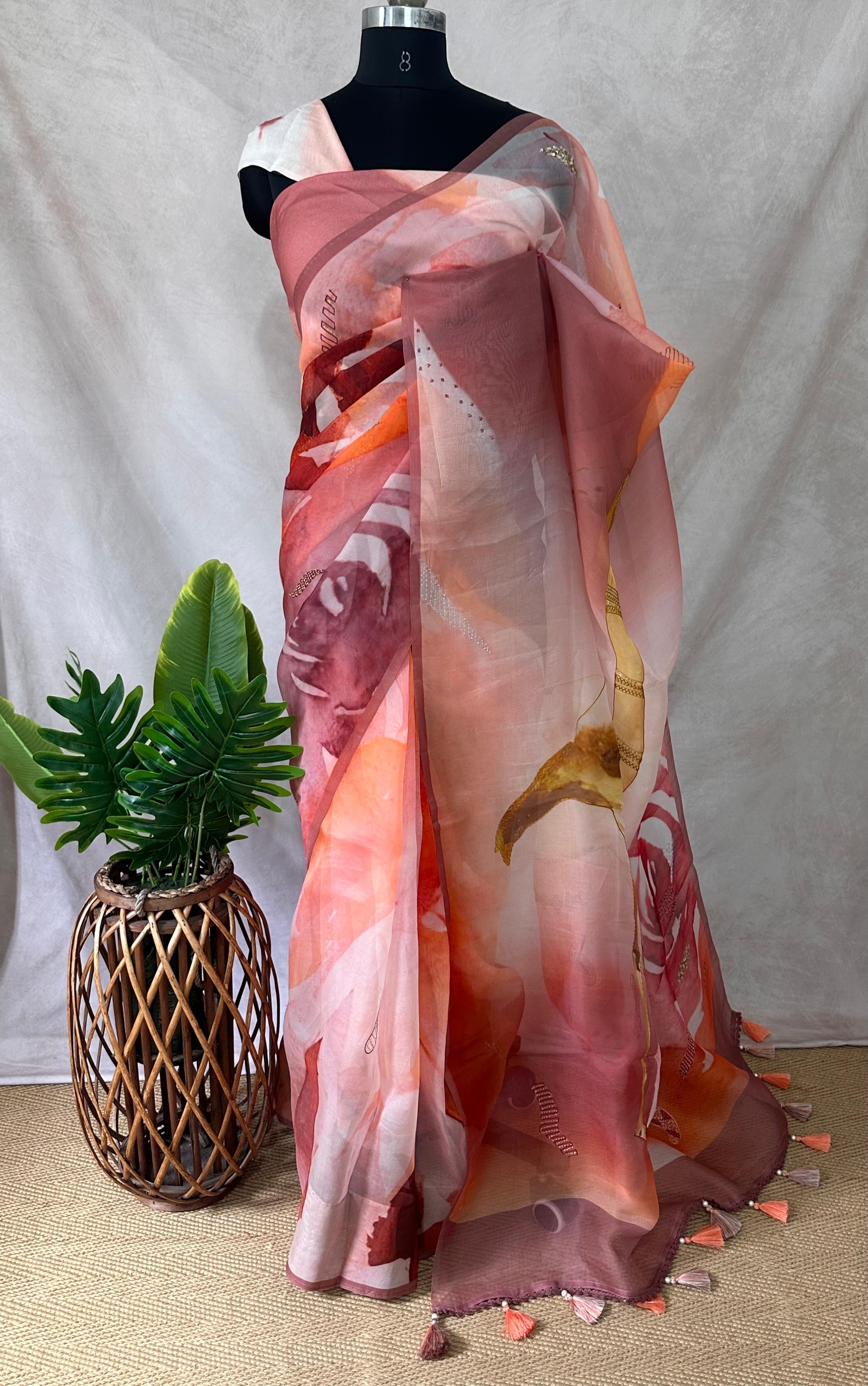 Silk organza saree with digital print and highlighted with ari work, with BP