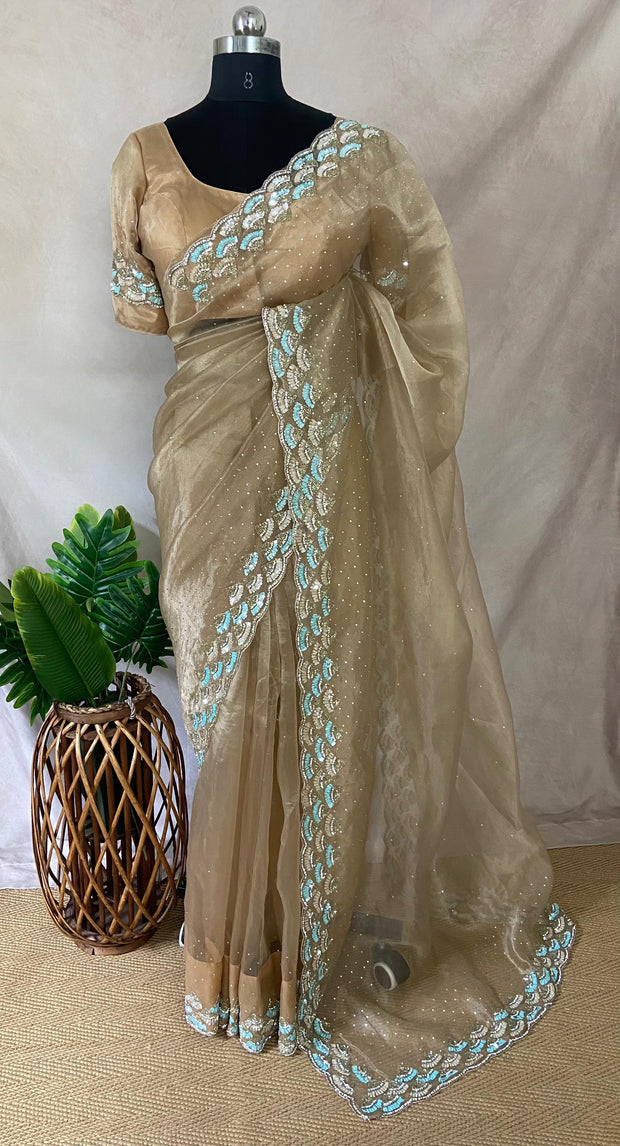 Beige organza saree with Stiched blouse