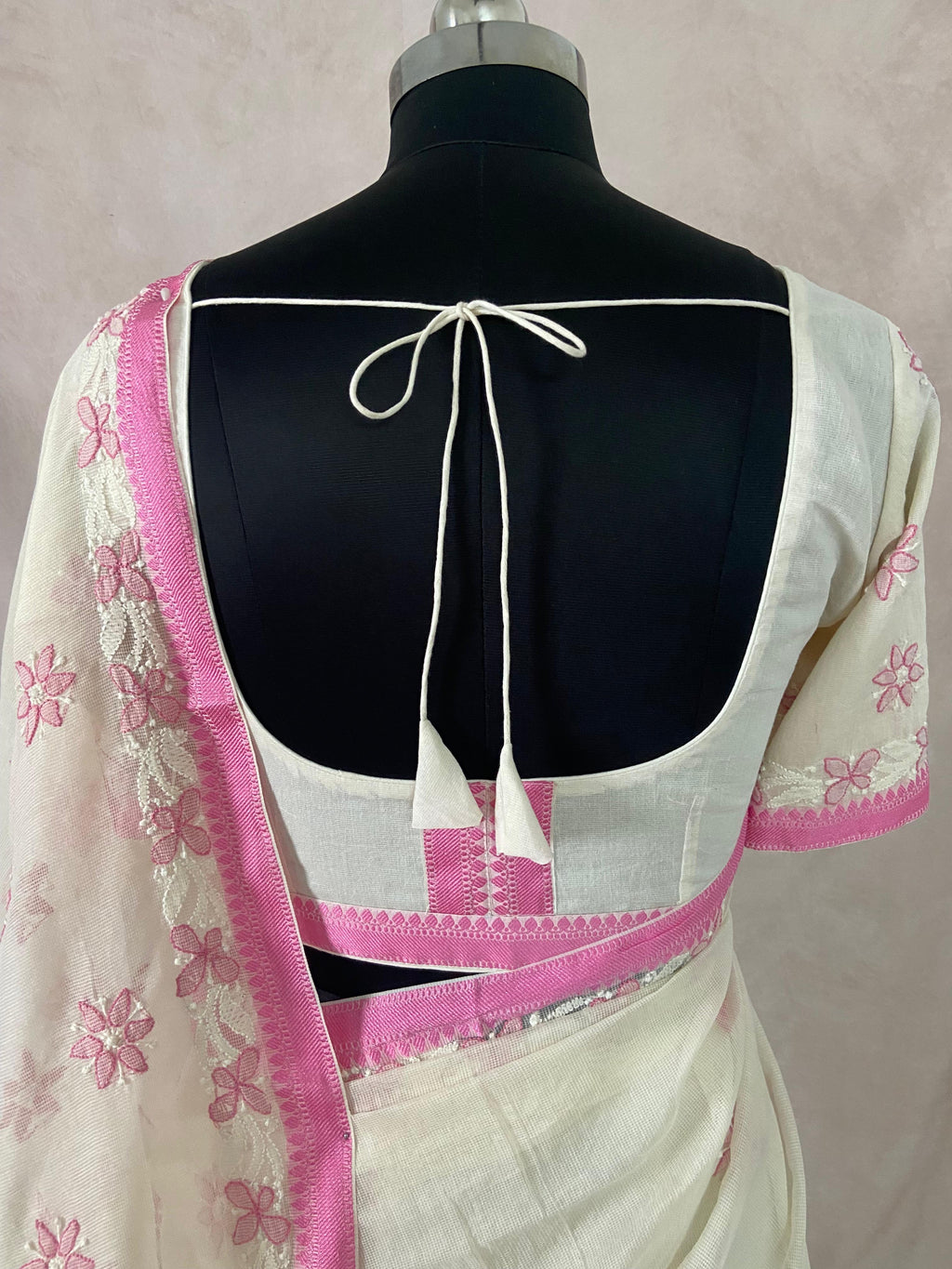 White and Pink Chikankari Hand Work Saree in Kotta Silk with Stitched Blouse