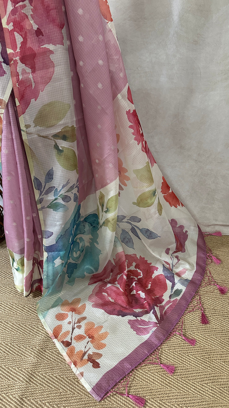 Kota silk saree with floral print border, with BP