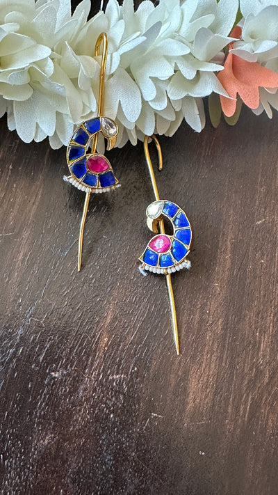 Blue and red color kundan stone ear pin/cuff
