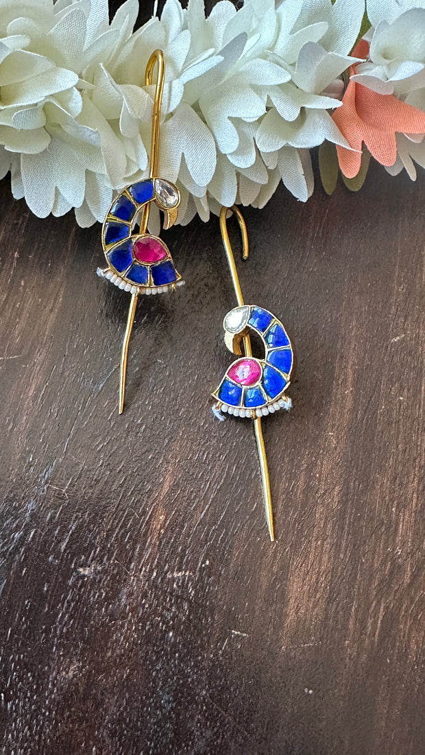 Blue and red color kundan stone ear pin/cuff