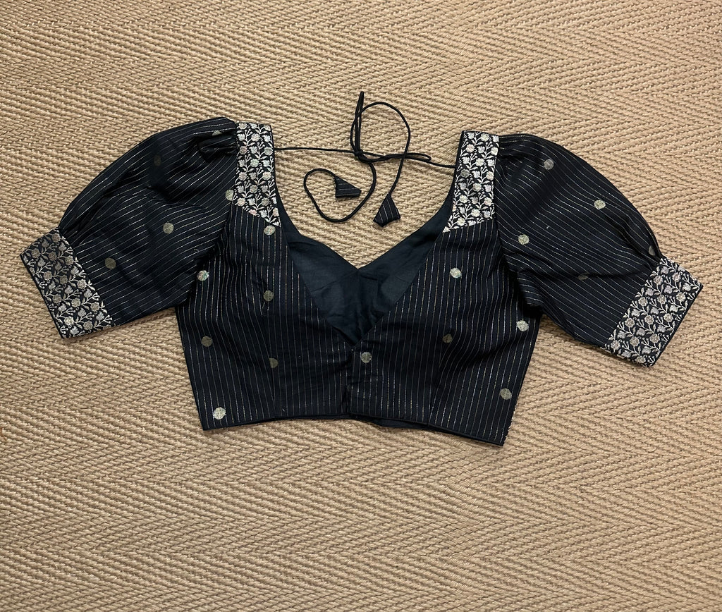 Black silk cotton blouse with  puff sleeves