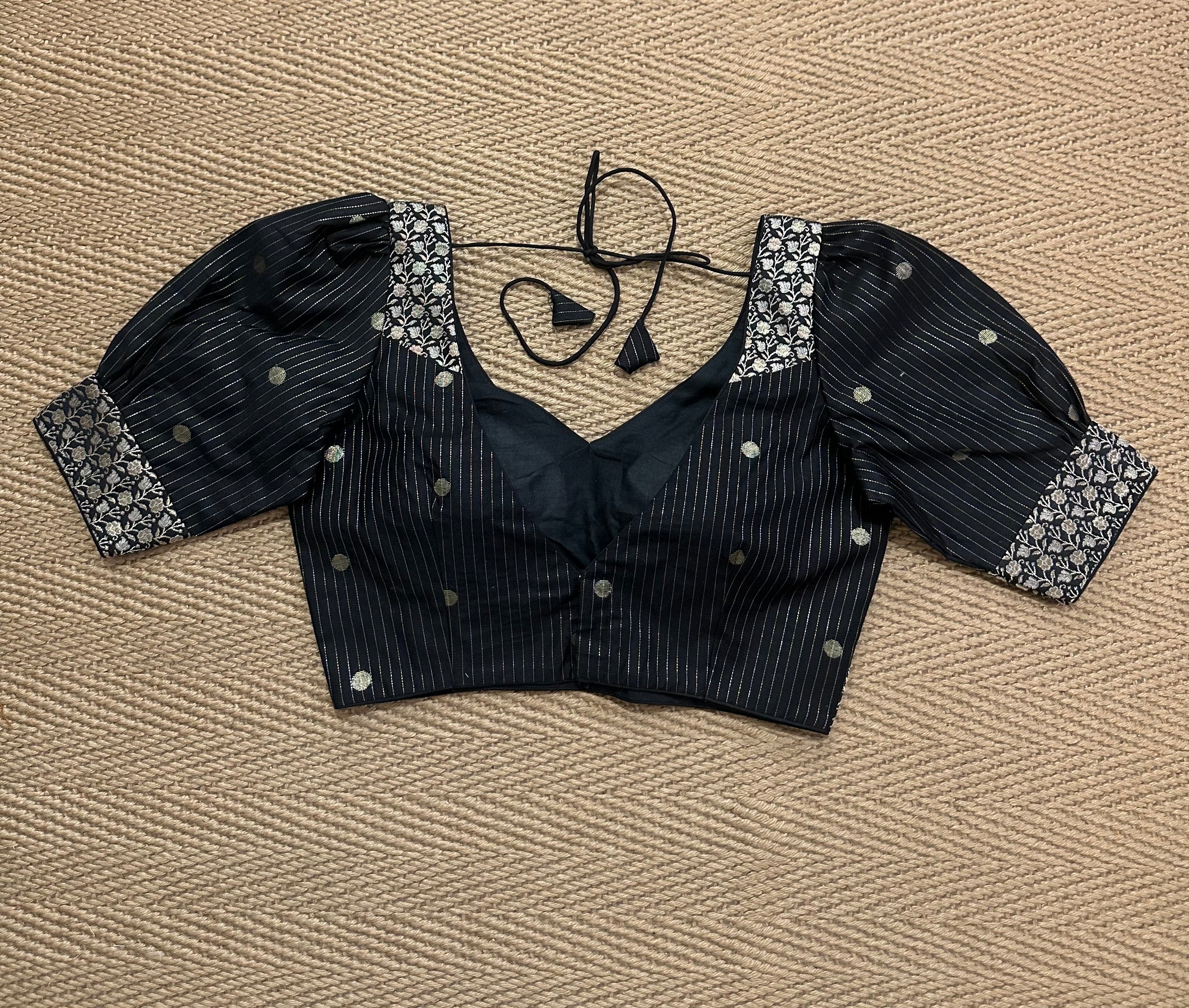 Black silk cotton blouse with  puff sleeves
