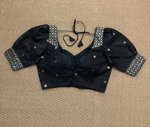 Black silk cotton blouse with  puff sleeves