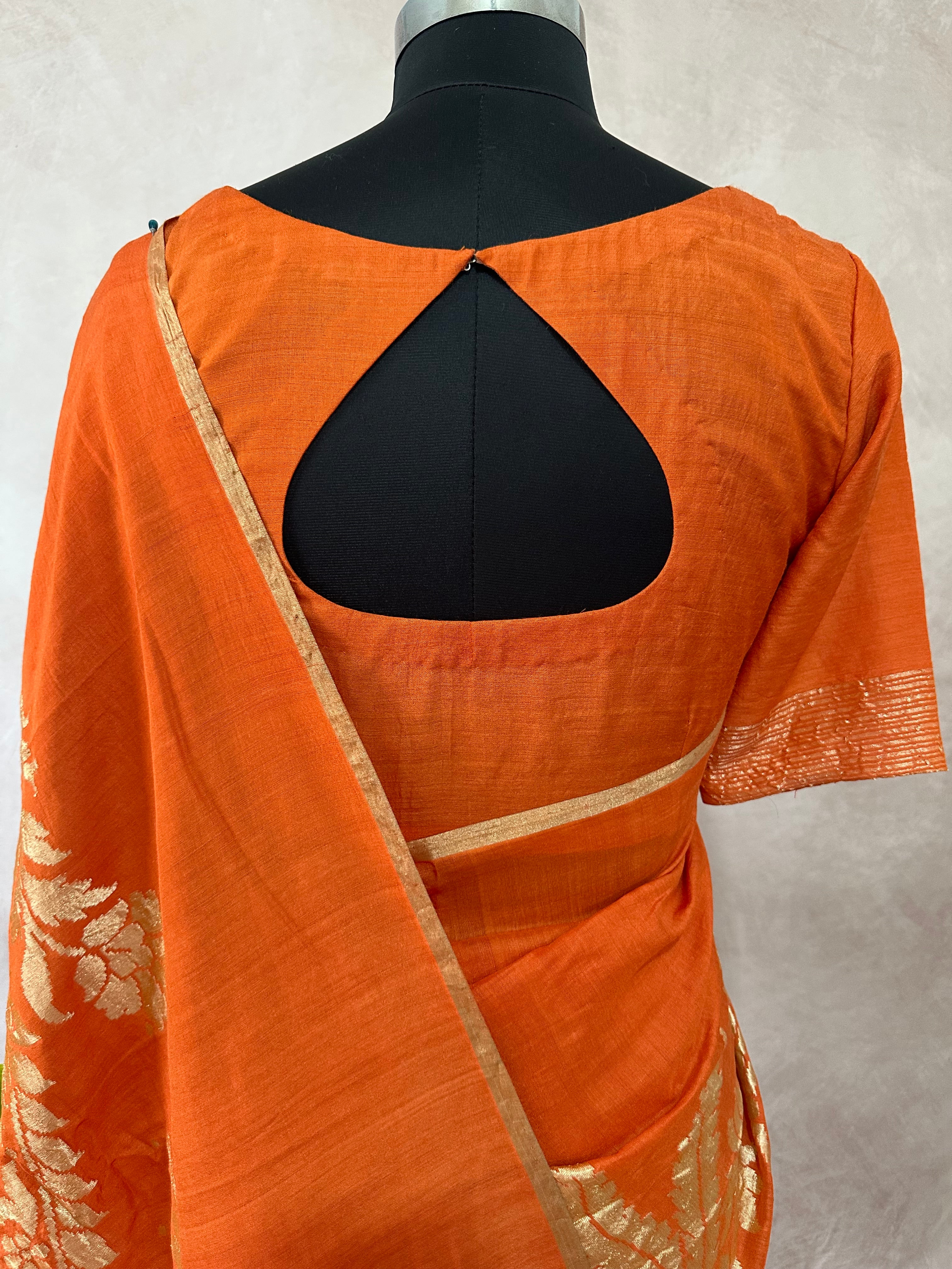 Orange pure munga silk designer weave (single Motif) saree with stitched blouse