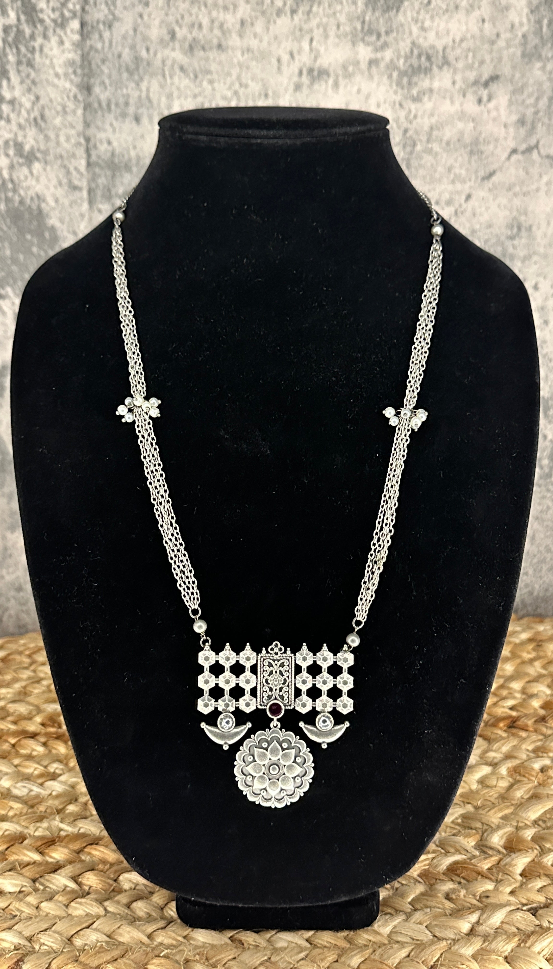 Silver replica necklace and earring - with red stone