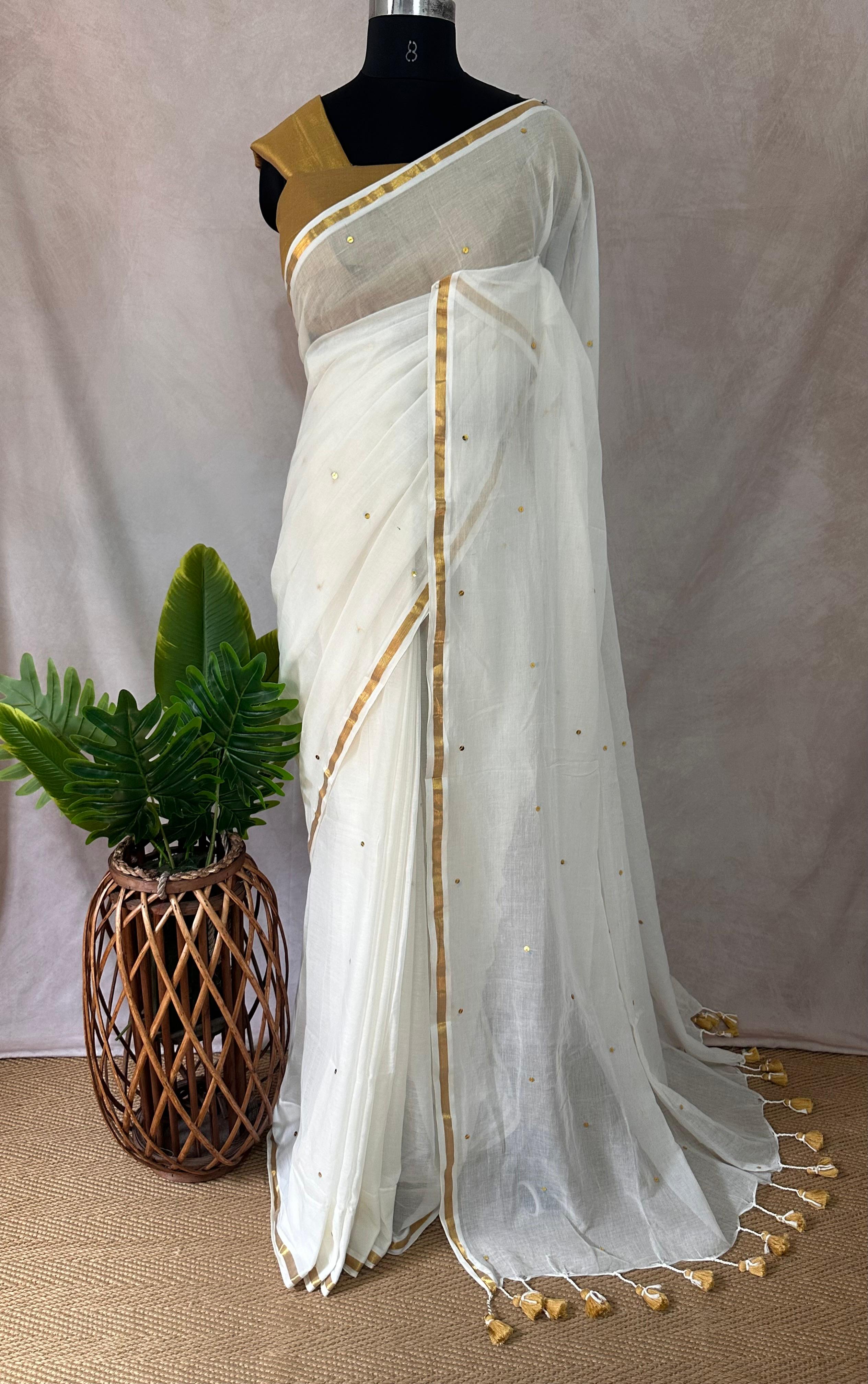 Pure mulcotton saree with sequins