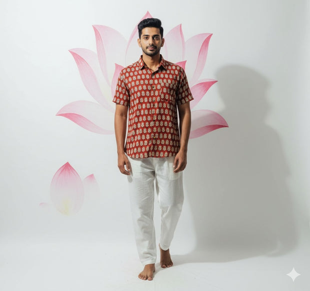 Jaipur cotton Brick red half sleeve cotton shirt with print