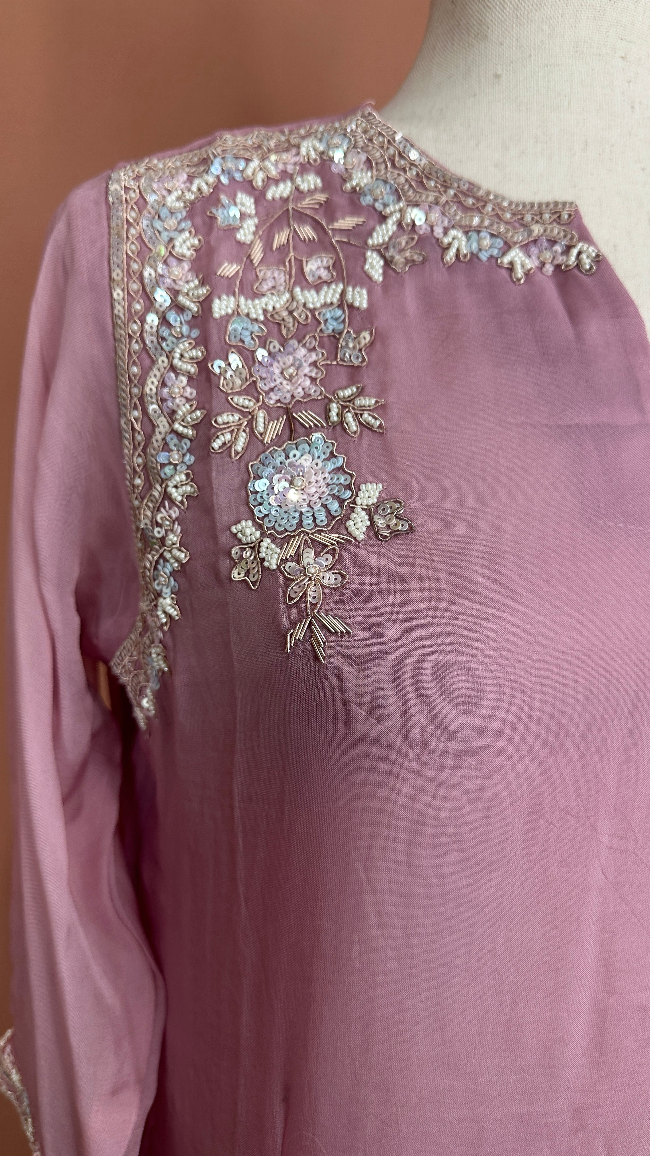 Lilac Organza silk kurti set with handwork
