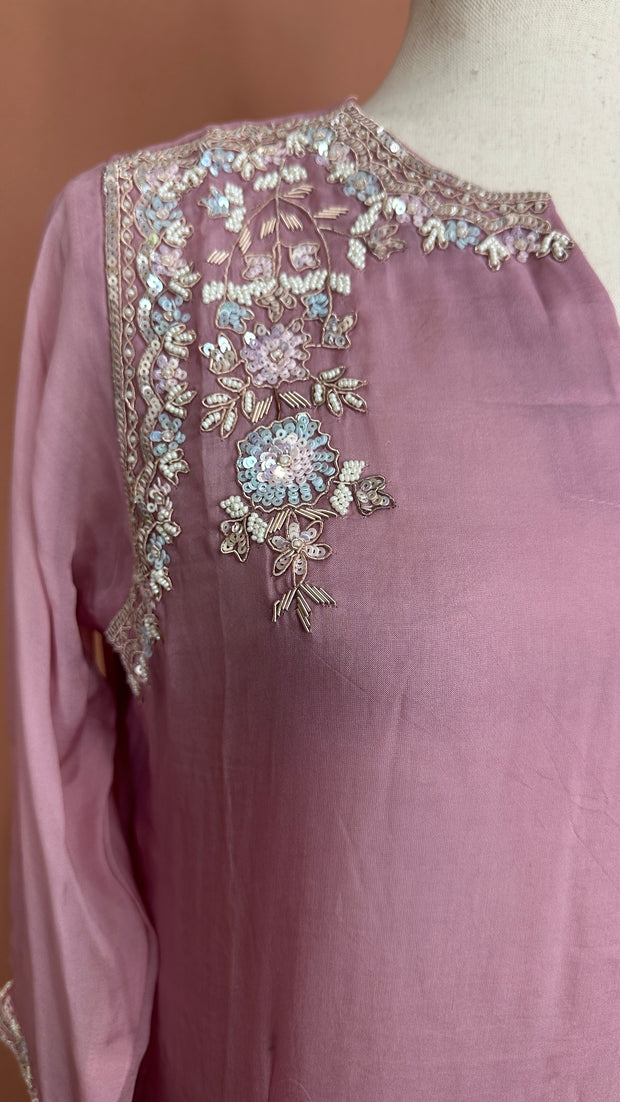 Lilac Organza silk kurti set with handwork