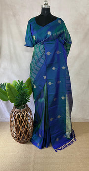 Peacock Blue Kanchivaram saree with stitched blouse