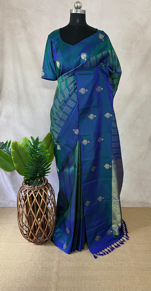 Peacock Blue Kanchivaram saree with stitched blouse