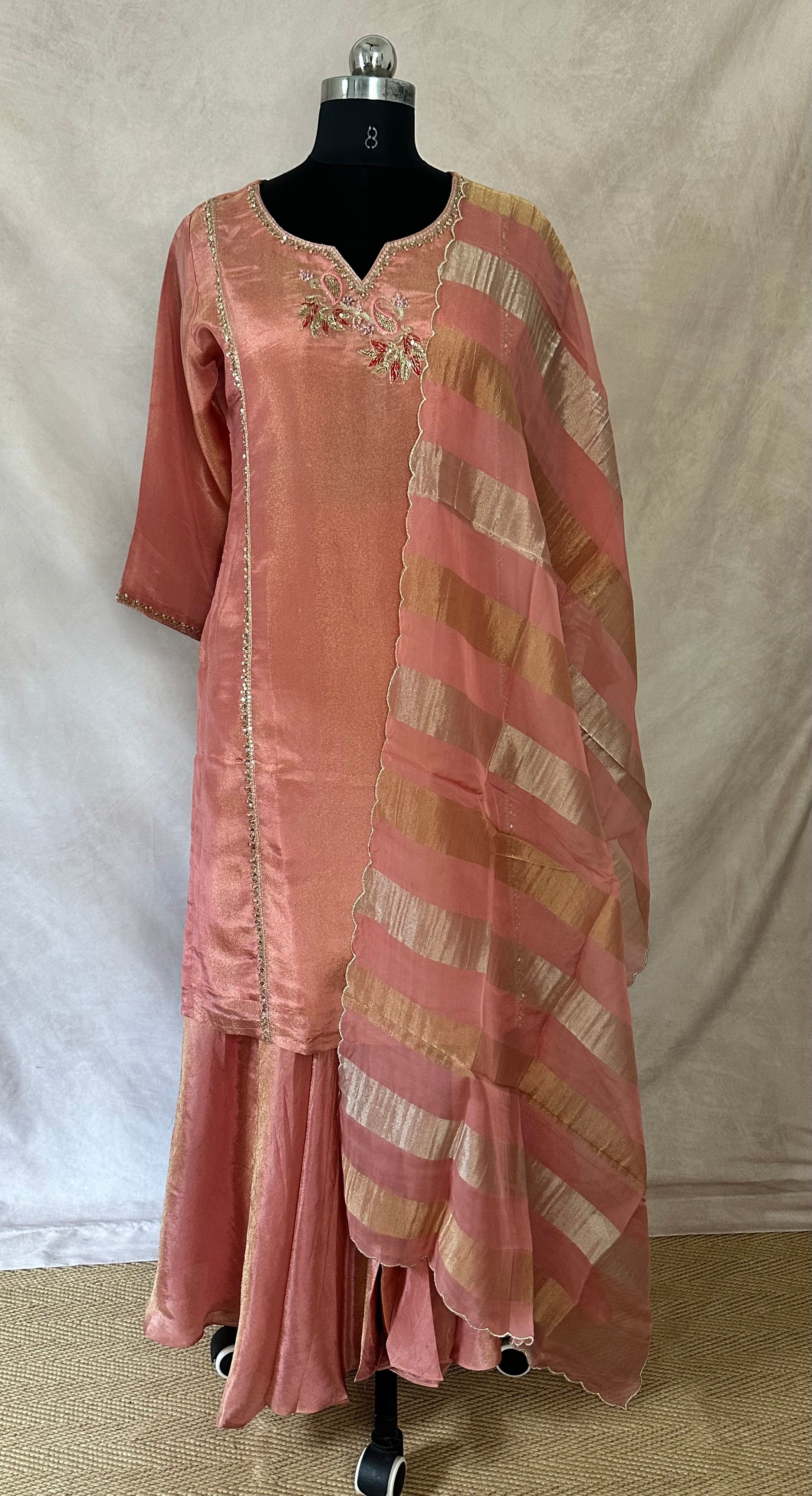 Rose gold tissue silk short kuti with hand emroidery and flared palazzo and dupatta