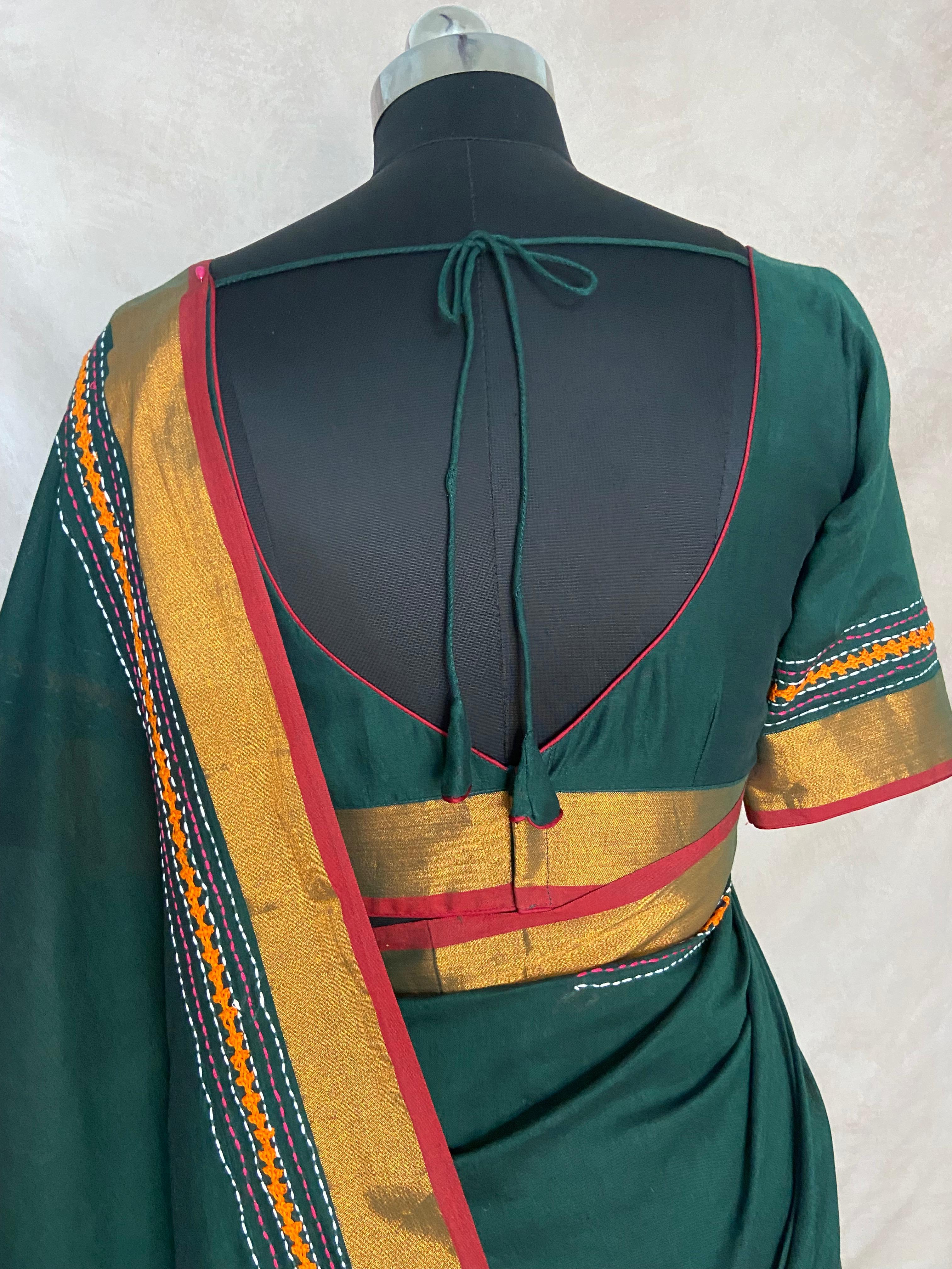 Green cotton saree with kutch work and stitched blouse