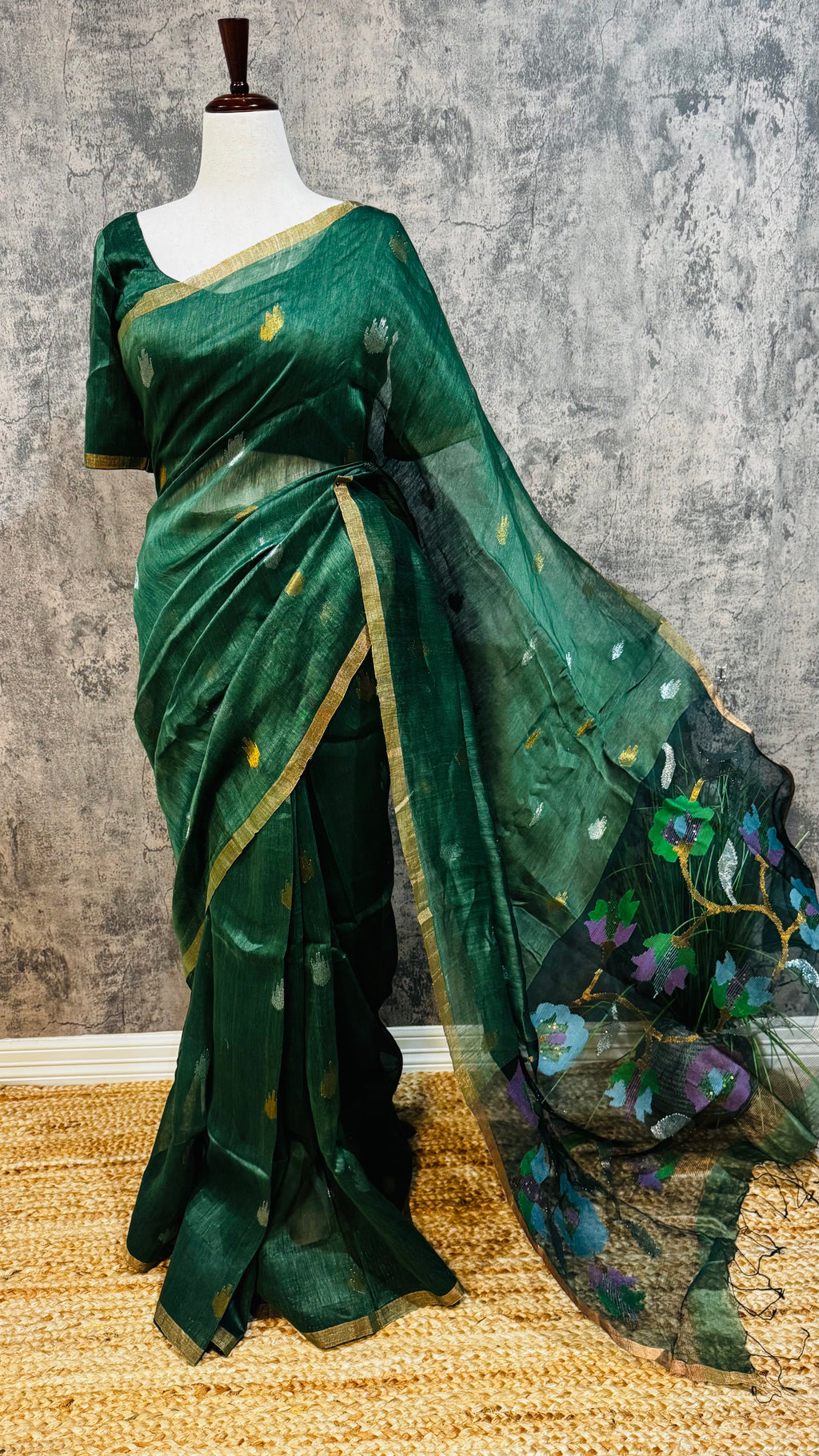Pure silk linen saree with jamdani weave and stitched blouse