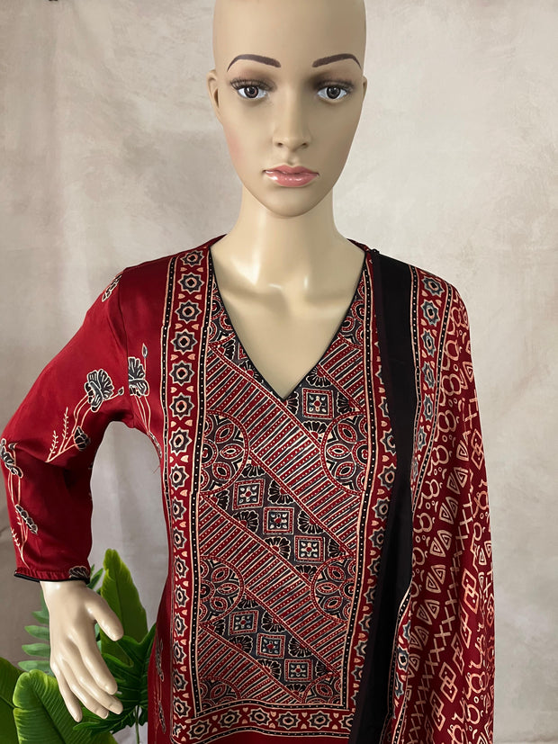 Modal silk kurti with Ajrakh hand block print