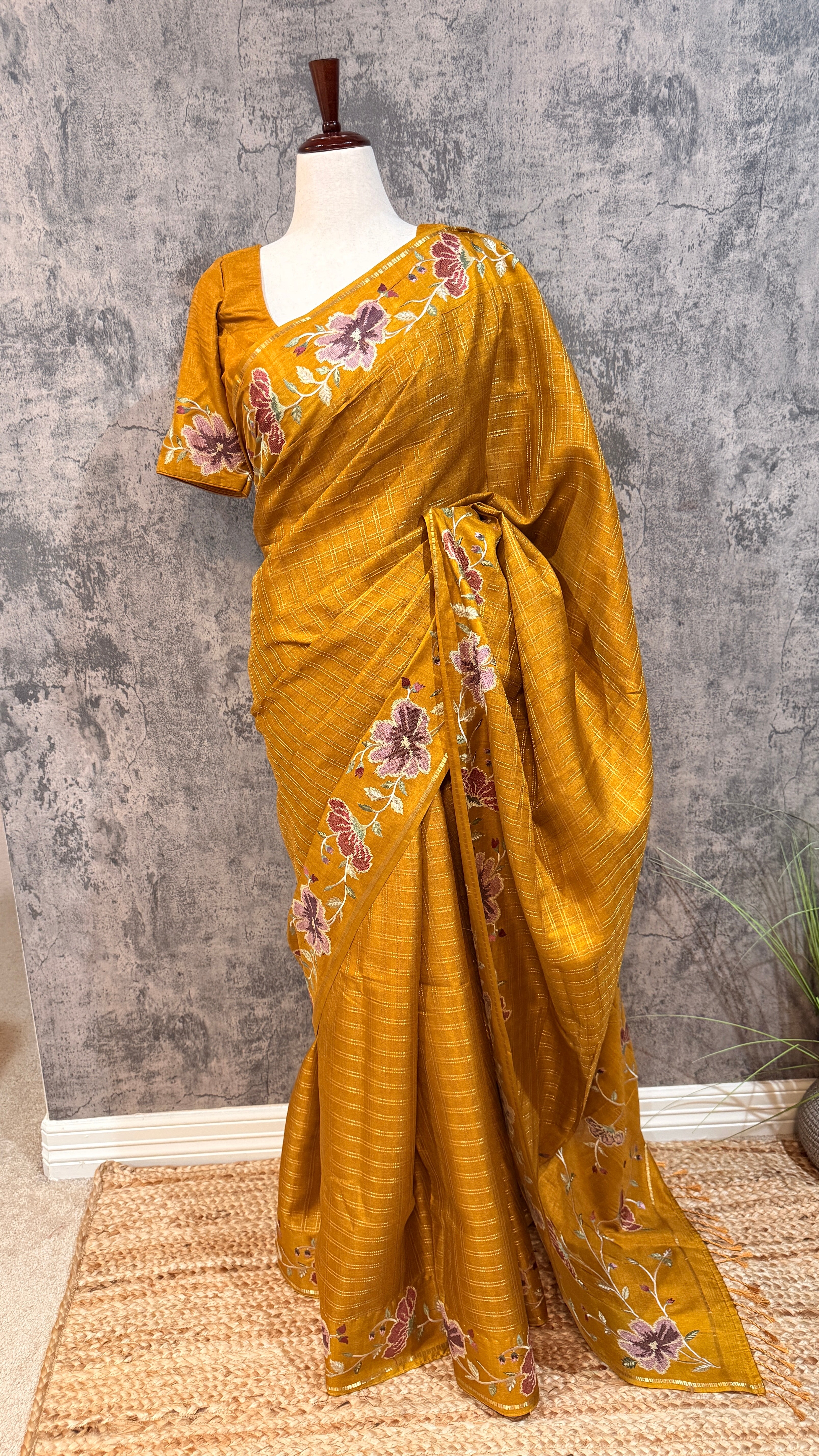 Semi tussar saree with embroidery and stitched blouse