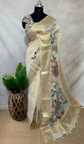 Tissue linen saree with kalamkari patch work , with BP