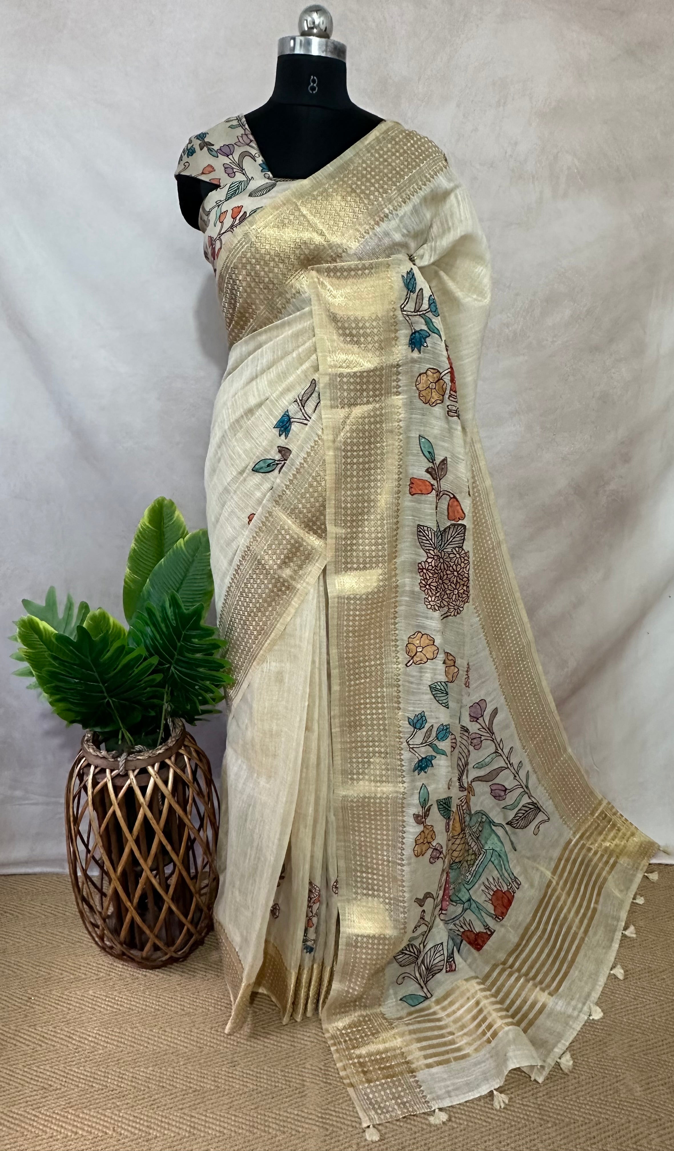 Tissue linen saree with kalamkari patch work , with BP