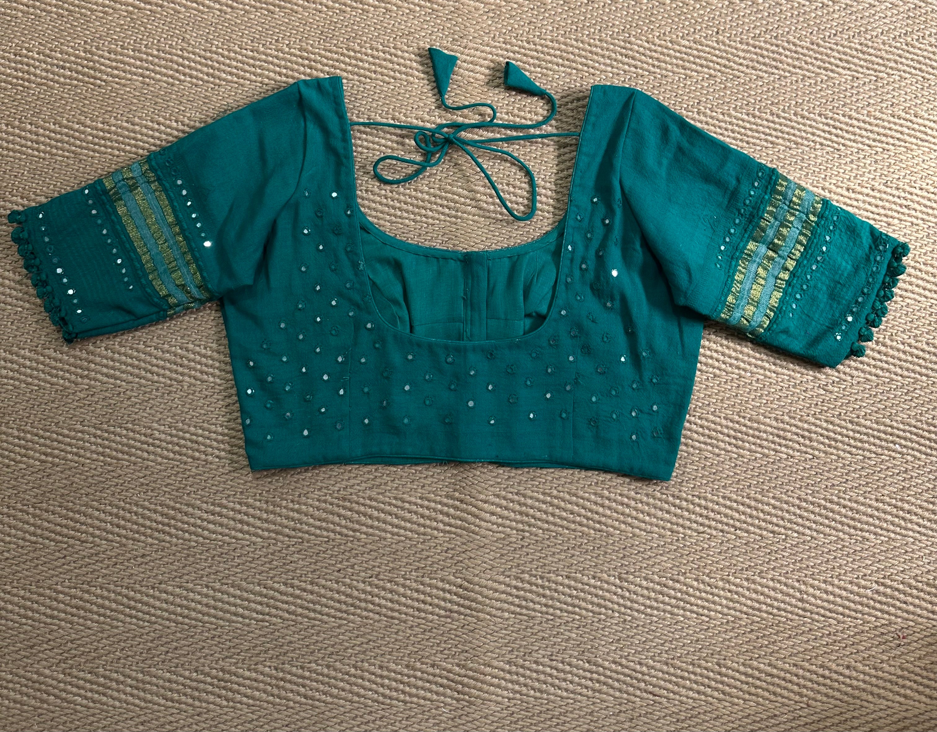 Green Kala cotton blouse with mirror work