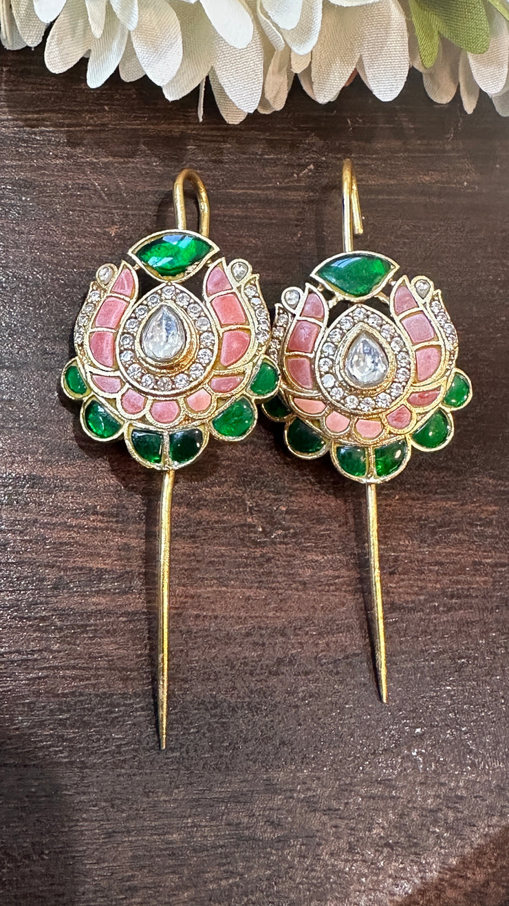 Green and Peach color kundan stone ear pin/cuff
