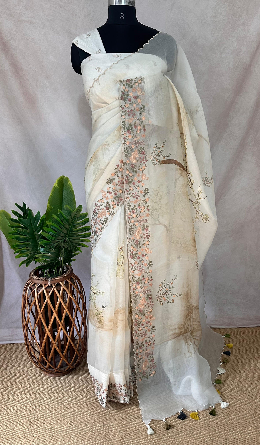 Silk organza saree with digital print and embroidery border, with BP