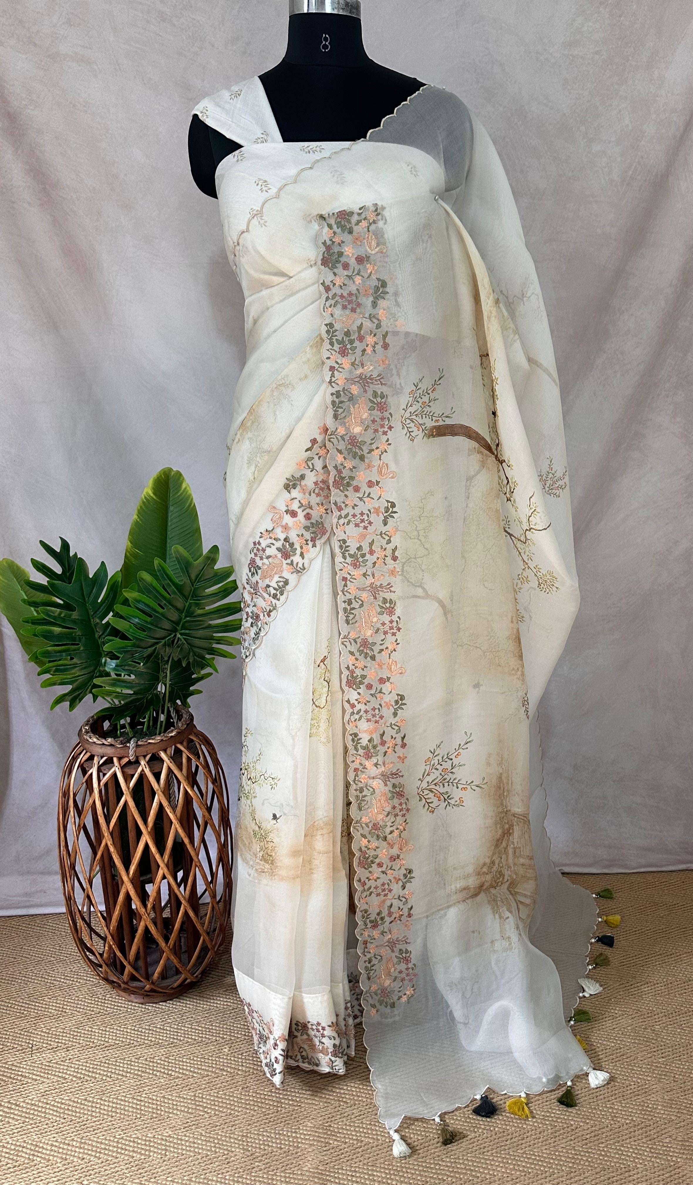 Silk organza saree with digital print and embroidery border, with BP