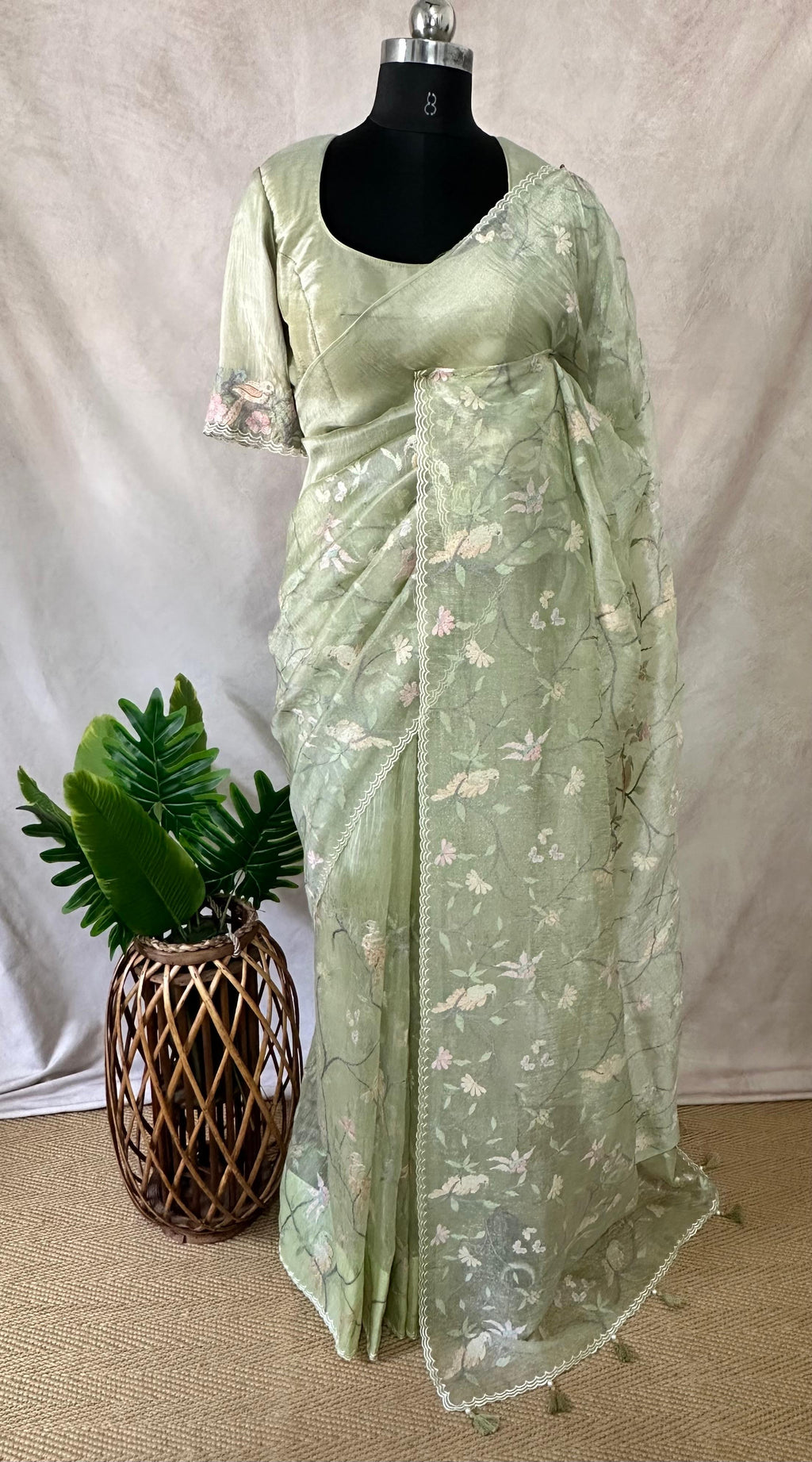 Light green glass organza with stitched blouse