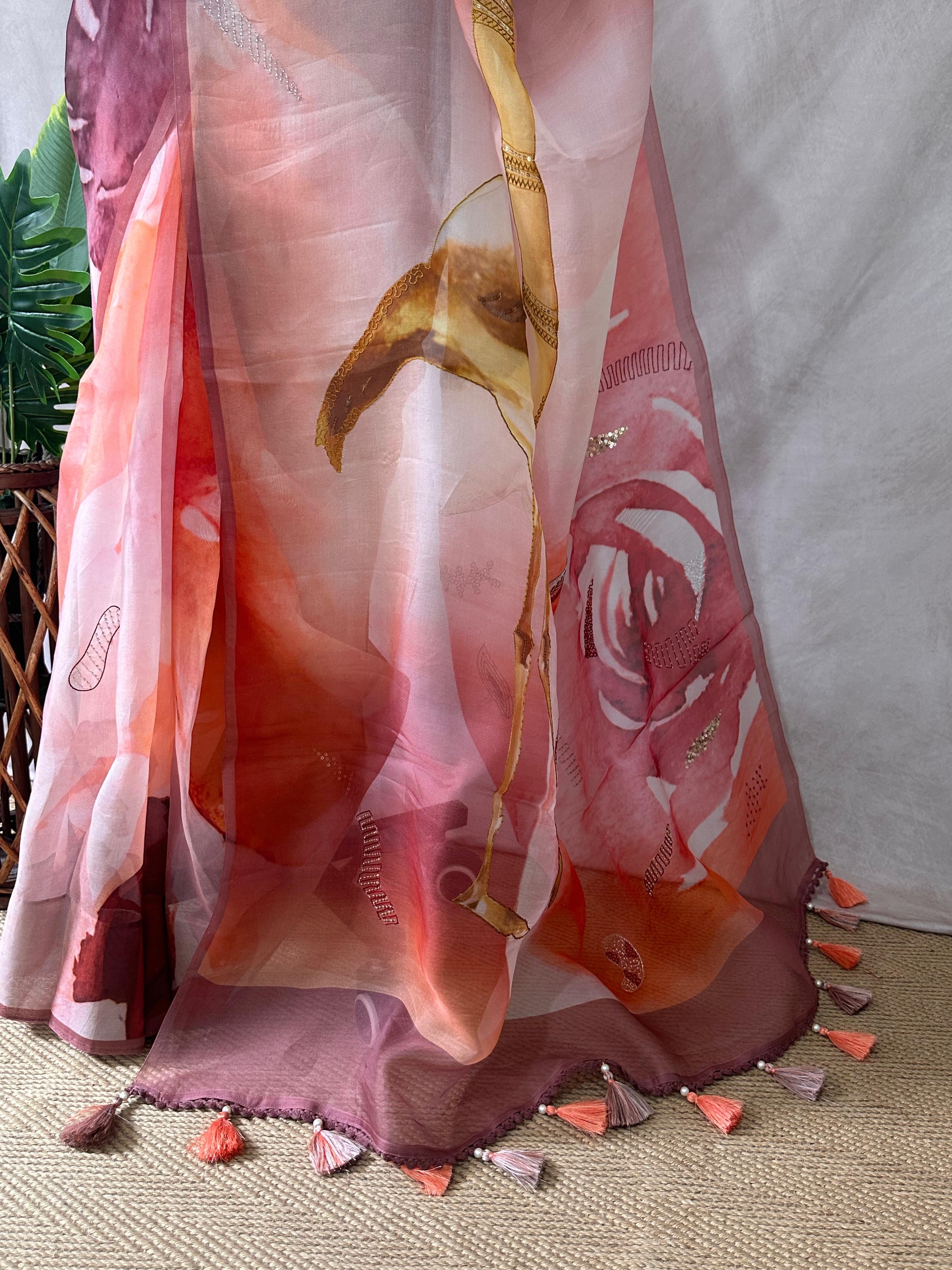 Silk organza saree with digital print and highlighted with ari work, with BP