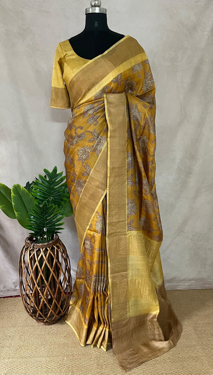 Pure printed tussar silk saree with stitched blouse