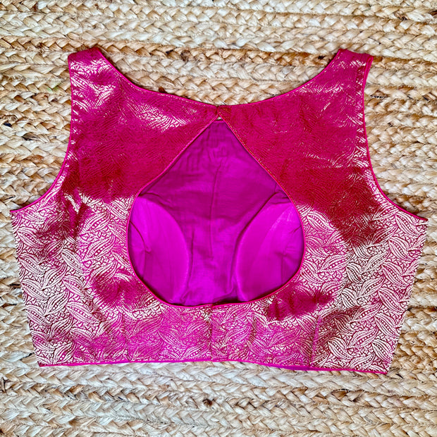 High-neck pink brocade blouse