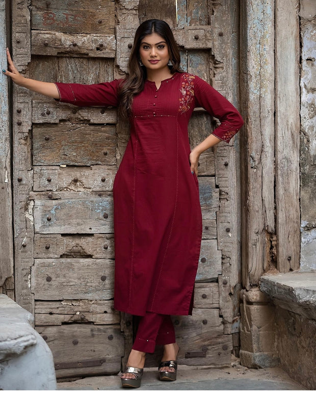 Maroon Cotton kurti with embroidery and bottom